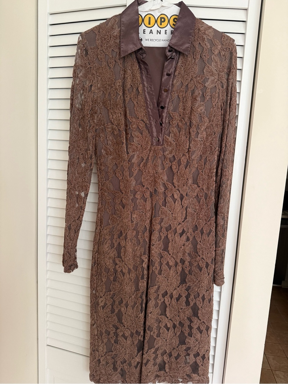 Brown Lace Long-Sleeve Collared Dress
